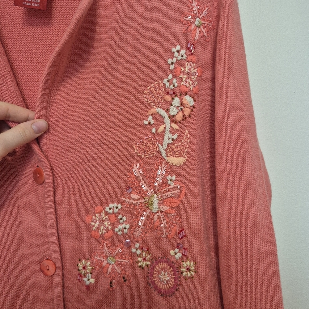 Olsen Europe Womens Quiet Lux Pink Merino Wool Blend Embroidered Cardigan Size M - Picture 3 of 5